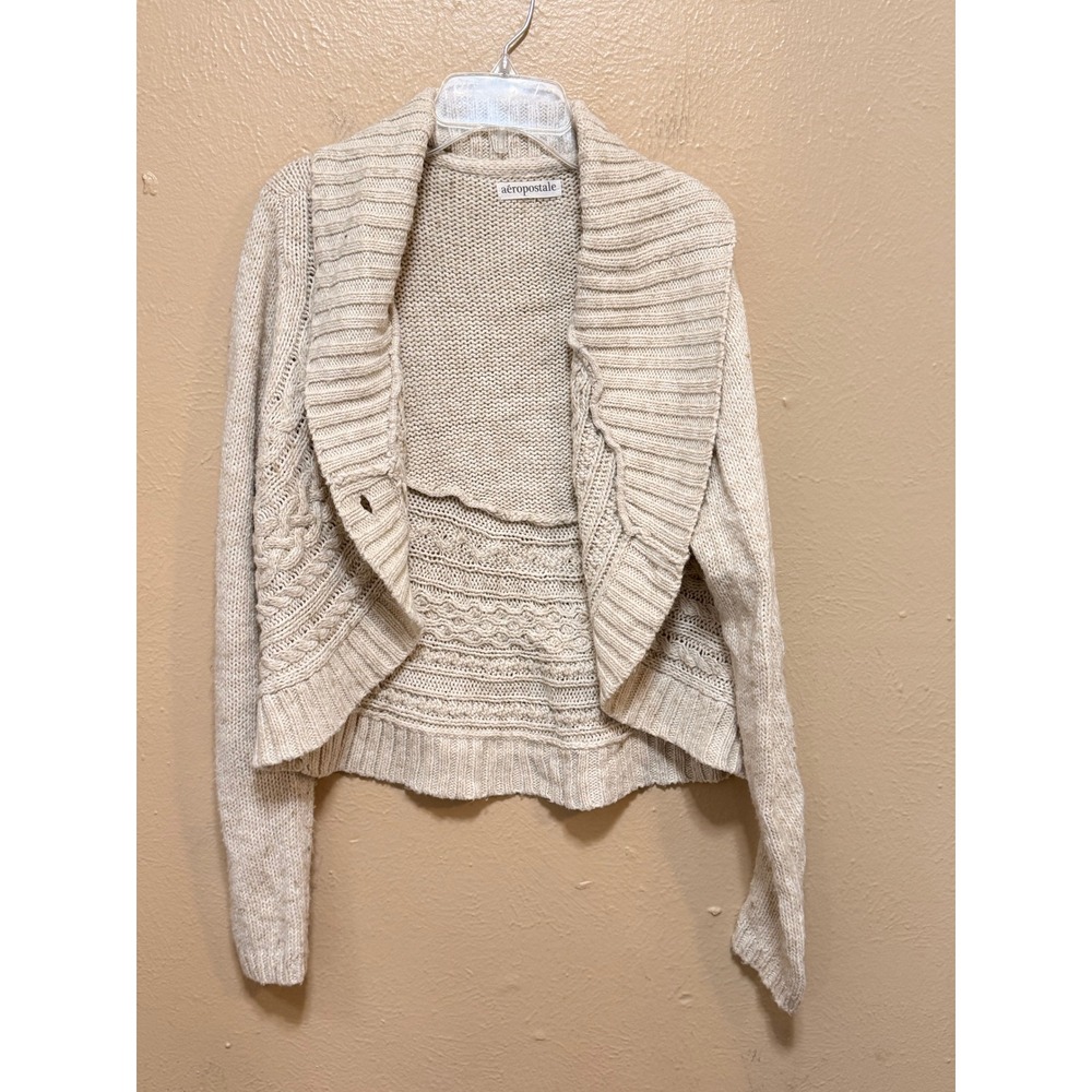 Aeropostale Womens XL Tan Cable Knit Shawl Collar Cardigan Sweater